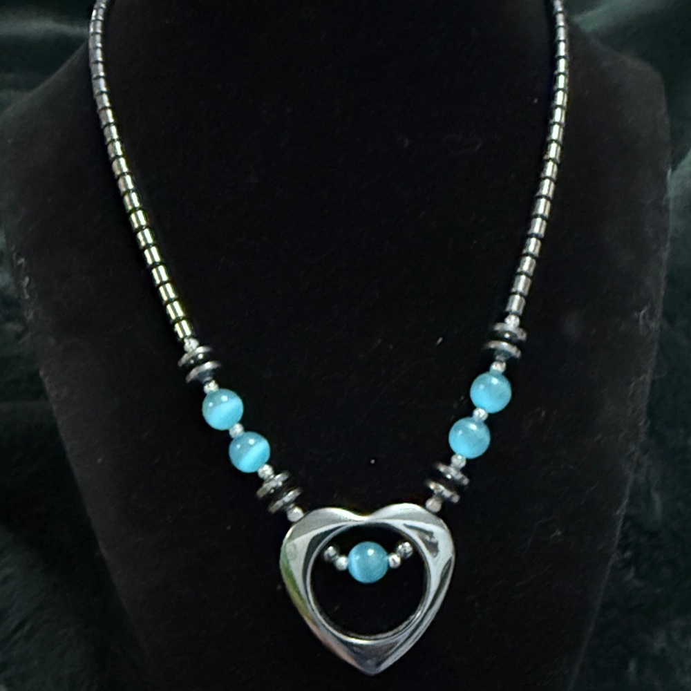Silver Heart Pendant Necklace with Blue Beads‎ - Women's Jewelry